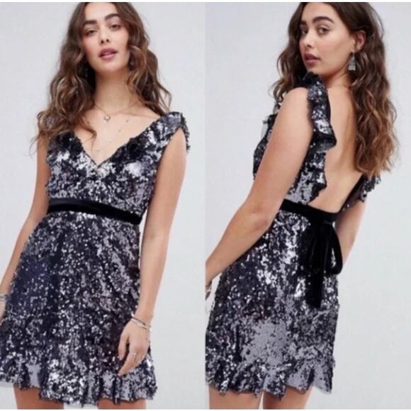FREE PEOPLE Siren Sequin Mini Dress Purple Black Glam Sz 10 {3M28} - Picture 1 of 7